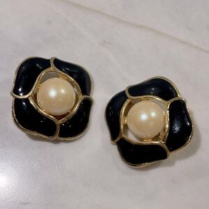 Vintage costume clip on earrings navy enamel with pearls and gold trim